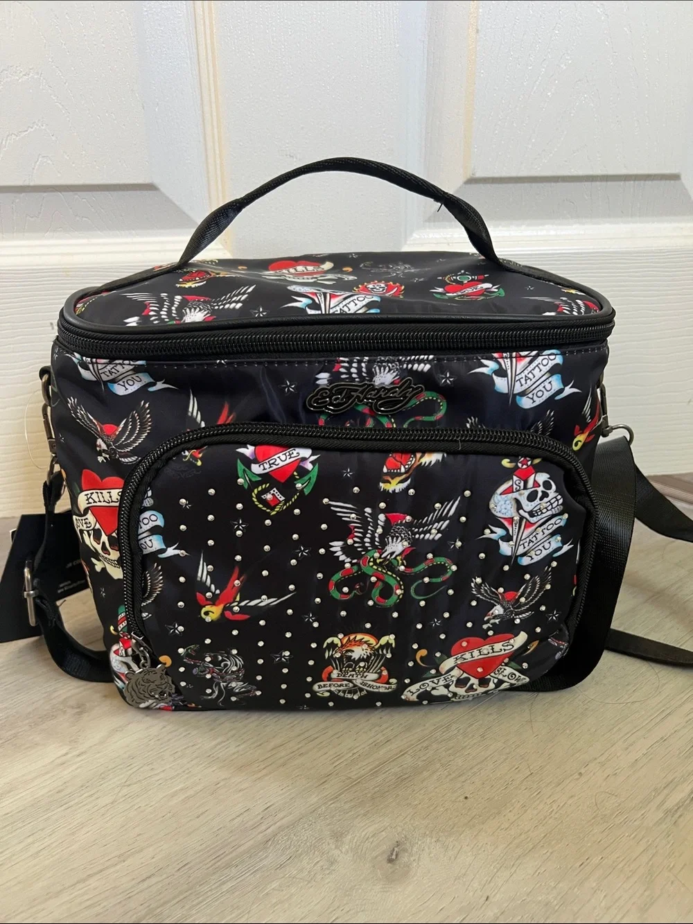 NWT Ed Hardy Rhinestoned Black Tattoo Print Insulated Lunch Tote Shoulder Bag